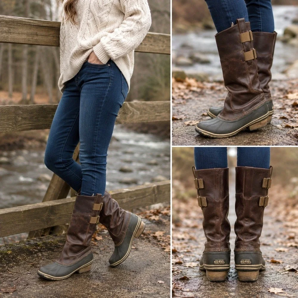Sorel Slimpack NL2321 Tall Waterproof Duck Boots Brown Leather Riding Womens 8.5